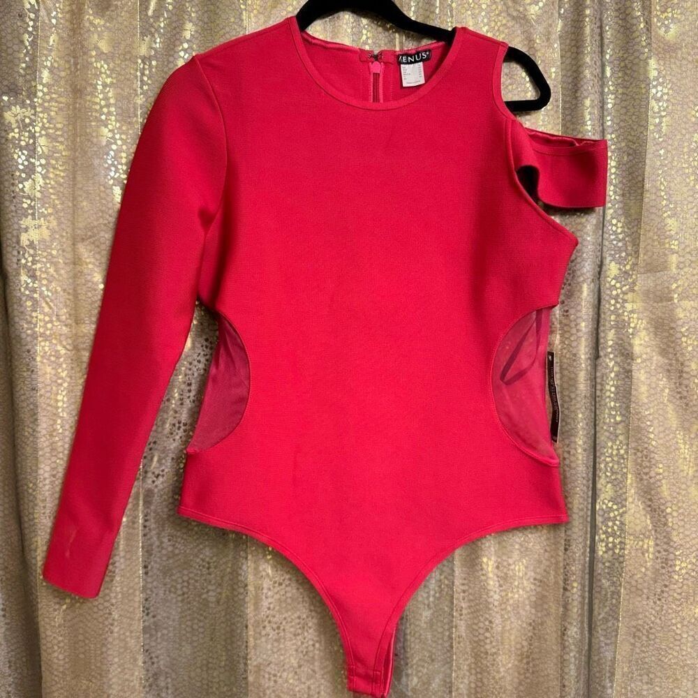 Venus Body Shaping Hot Pink One Shoulder Mesh Cutout Bodysuit 16 NWT